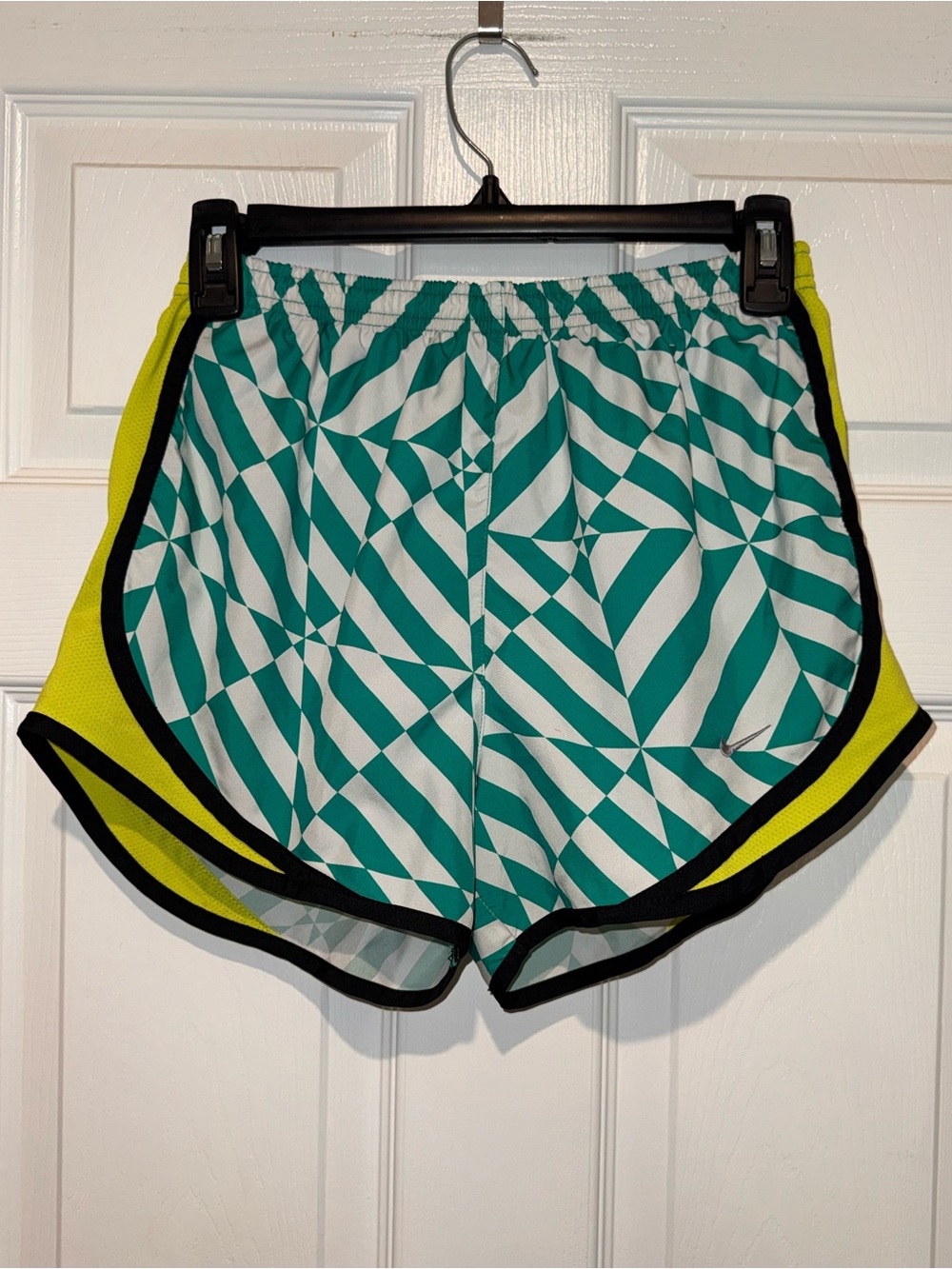Nike Women’s Teal Geometric Athletic Shorts with Yellow and Black Trim. Size S
